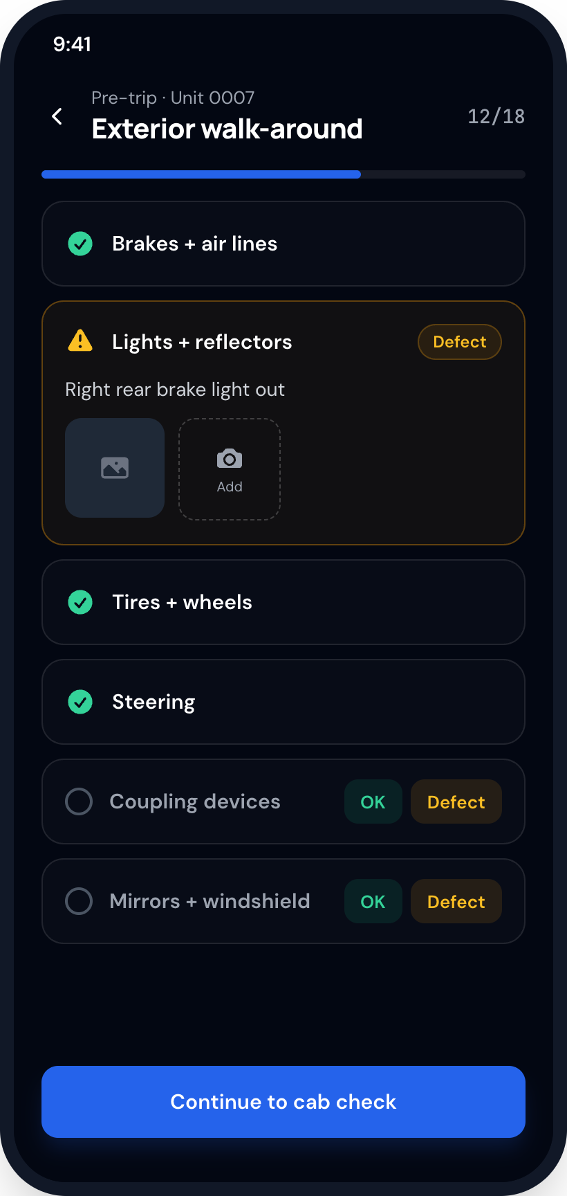 Driver app exterior walk-around checklist with a flagged brake light