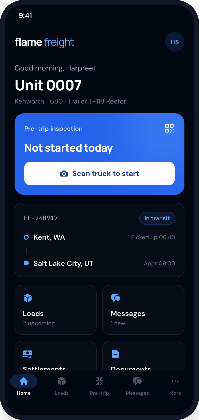 Driver app home screen with today’s unit and a scan-to-start pre-trip card