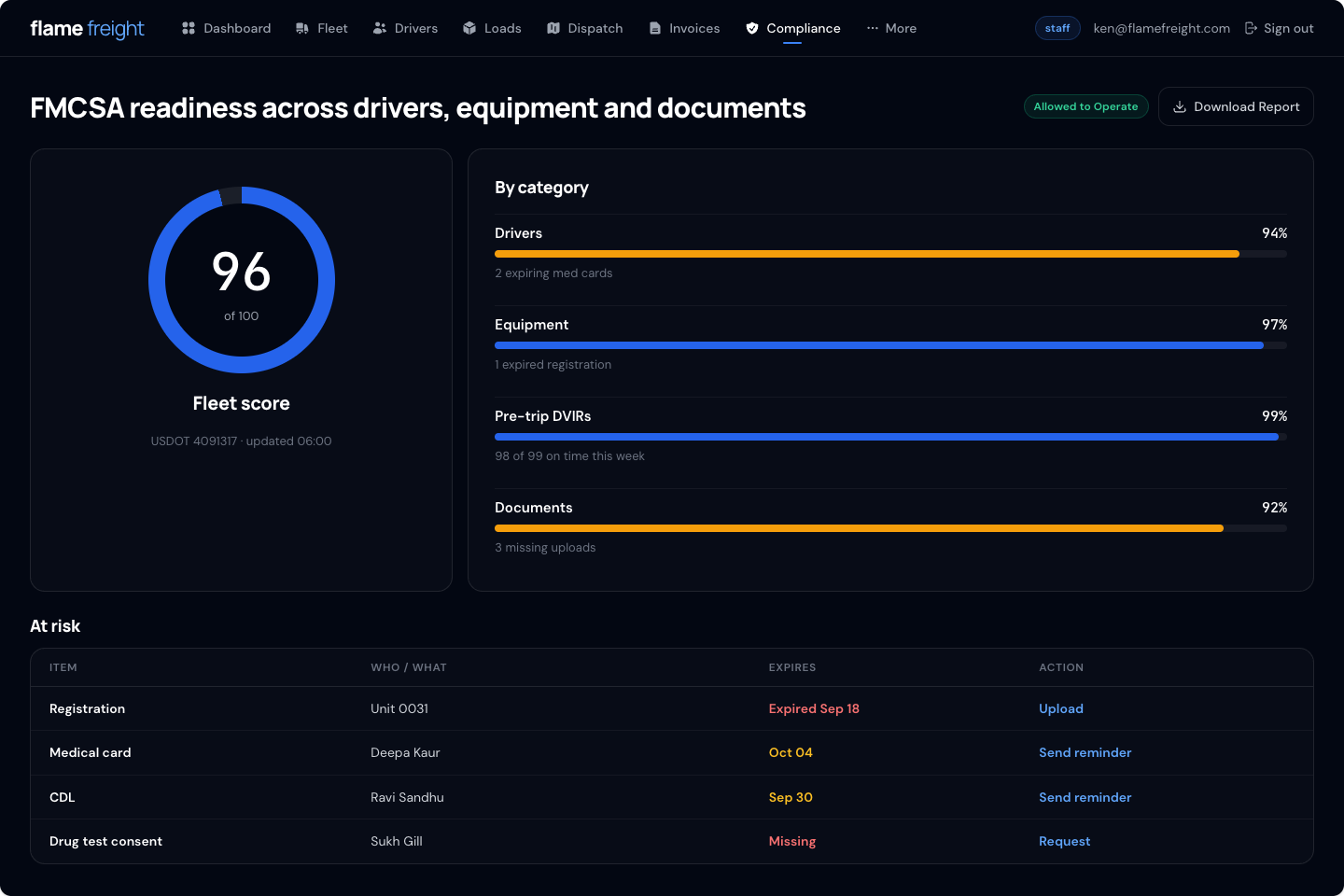 Flame Freight Compliance screen