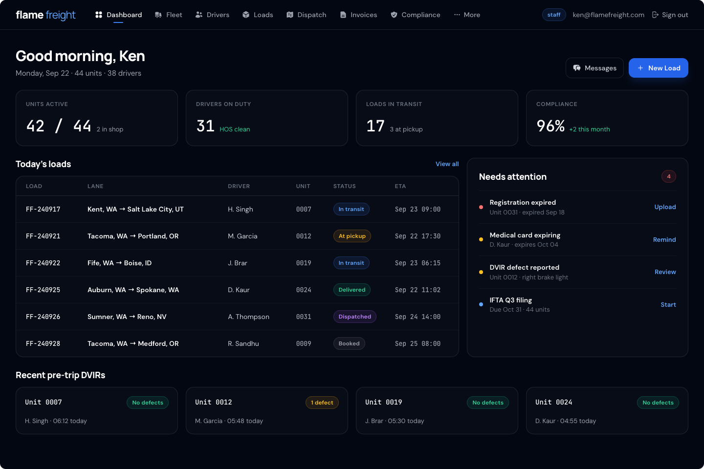 Flame Freight fleet platform dashboard