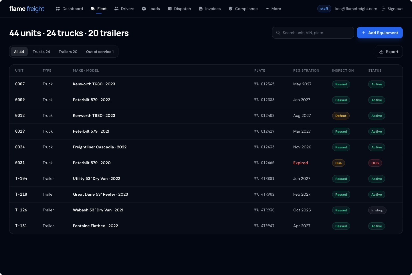 Flame Freight Fleet screen