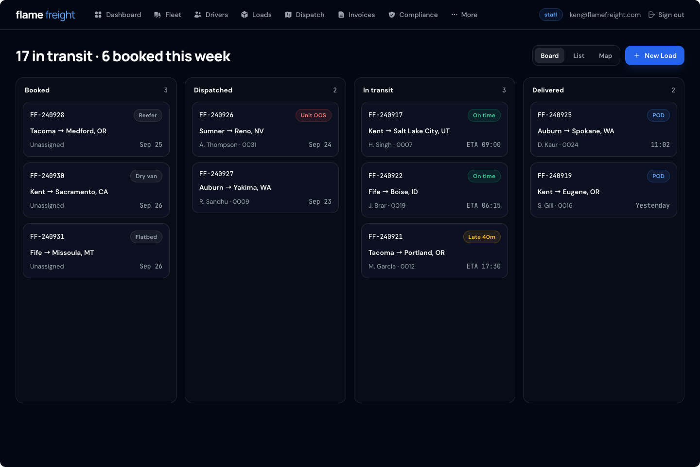 Flame Freight Loads + Dispatch screen
